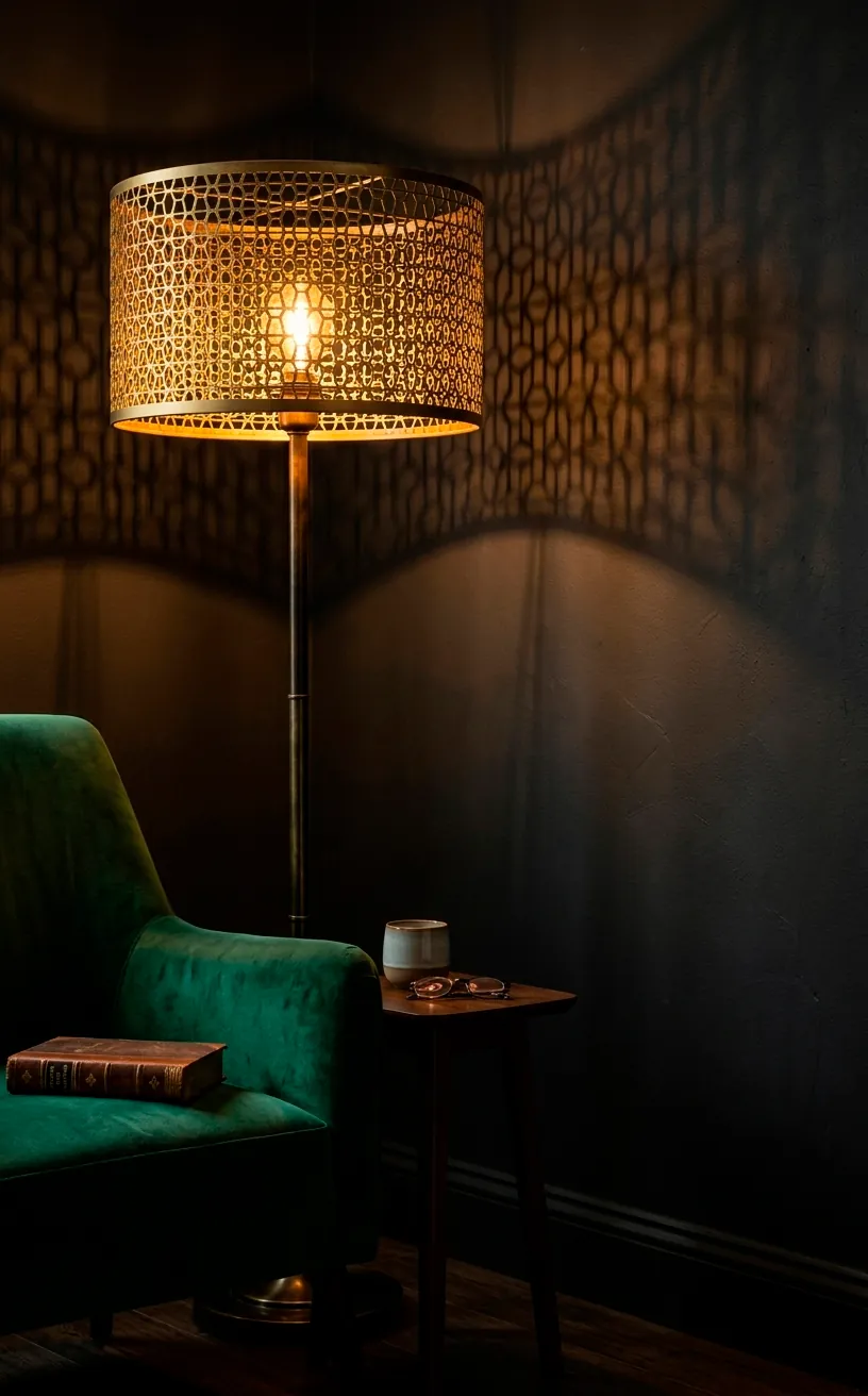 Floor lamp with a geometric hexagonal shade casting shadows in a reading nook.