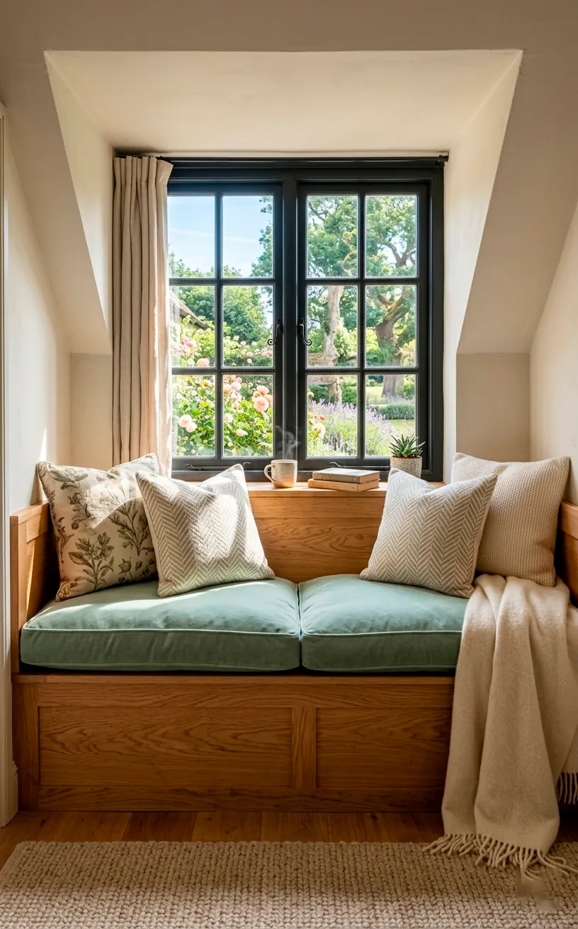 Oak window seat with soft mint cushions in an attic office dormer window.