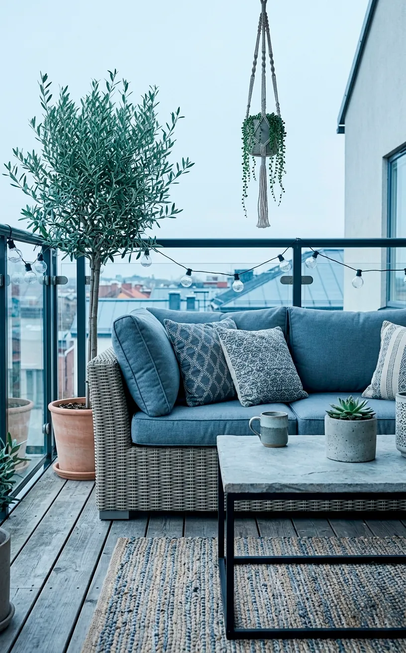 Cool-toned boho balcony with slate blue and greige outdoor decor.