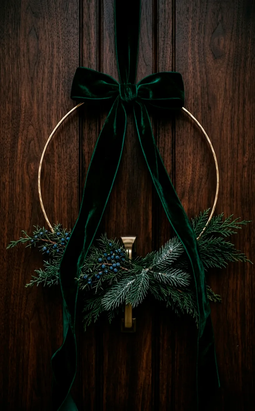 Minimalist gold hoop wreath with a large emerald velvet bow.
