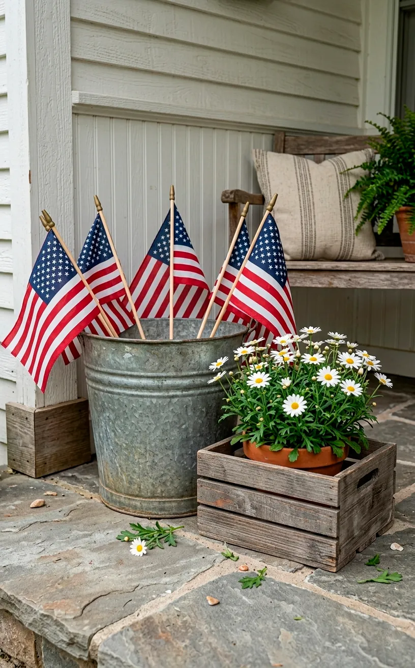 Galvanized metal bucket filled with American flags on a rustic porch.