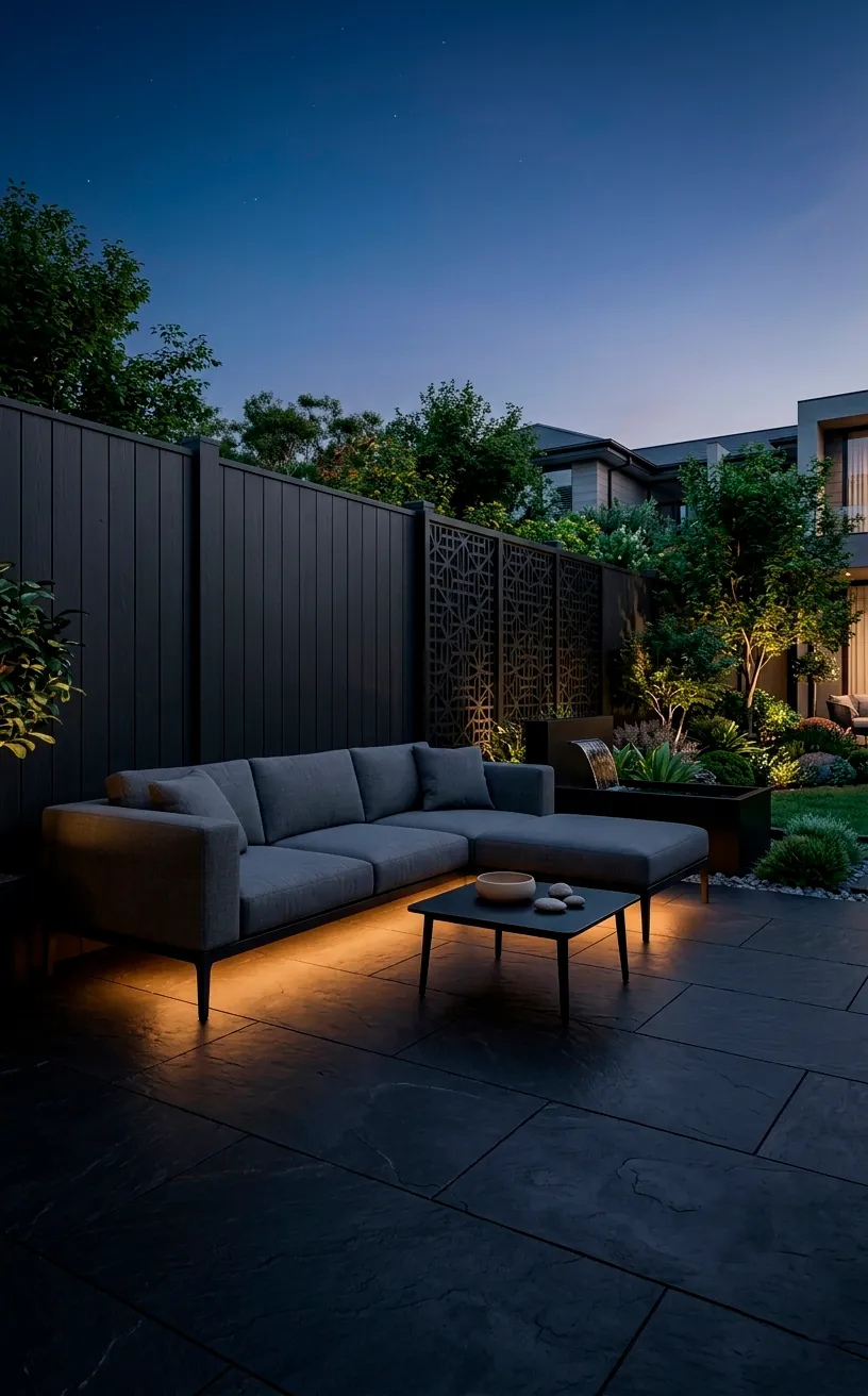 Moody backyard patio with charcoal fencing and black geometric privacy screens at twilight.