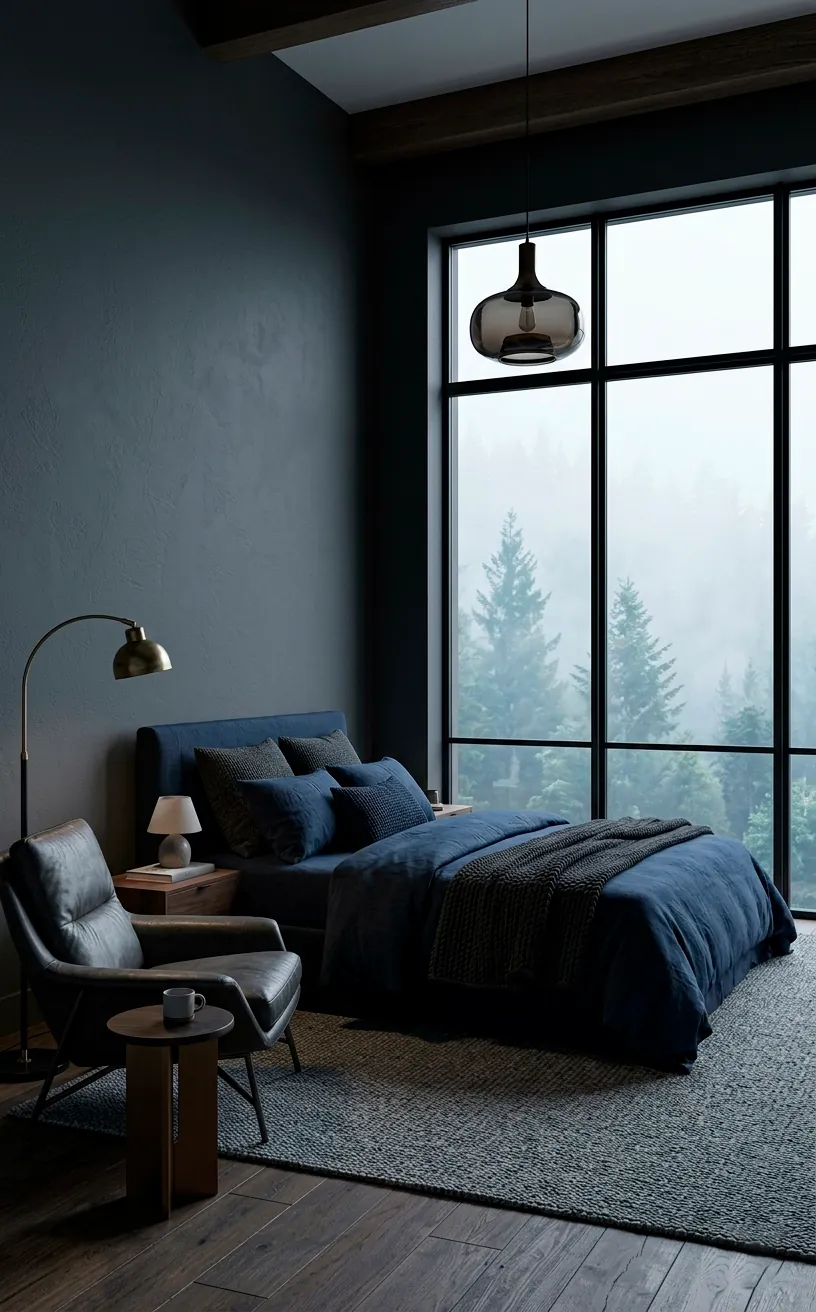 Luxury bedroom with matte charcoal walls and deep navy linen bedding looking out at a misty forest.