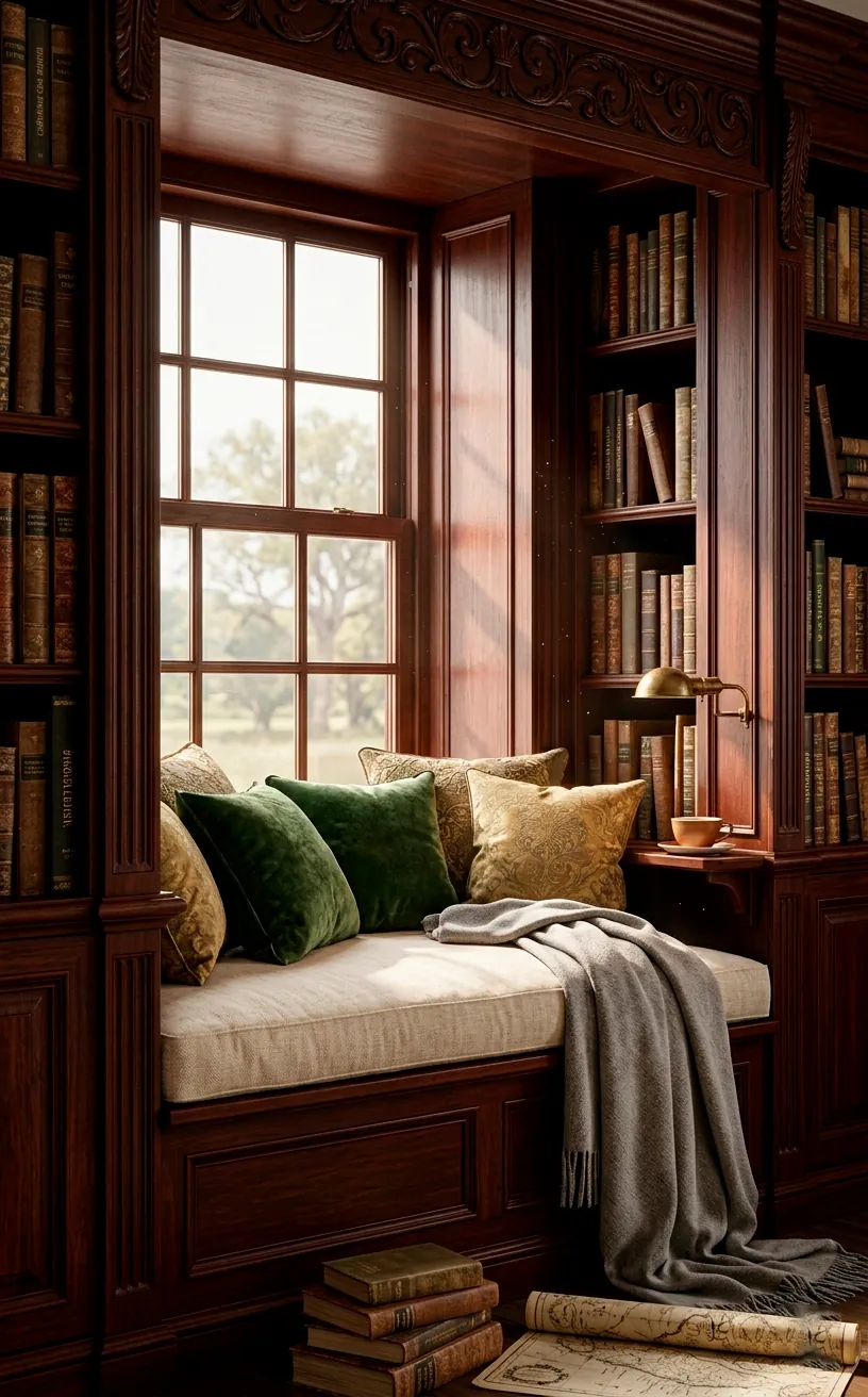 Hyper-realistic hero shot of a cozy window seat in a dark wood library with sunlight.