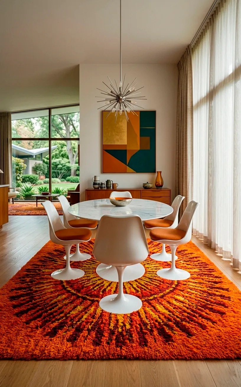 A vibrant orange sunburst rug under a white tulip table in a bright mid-century dining room.