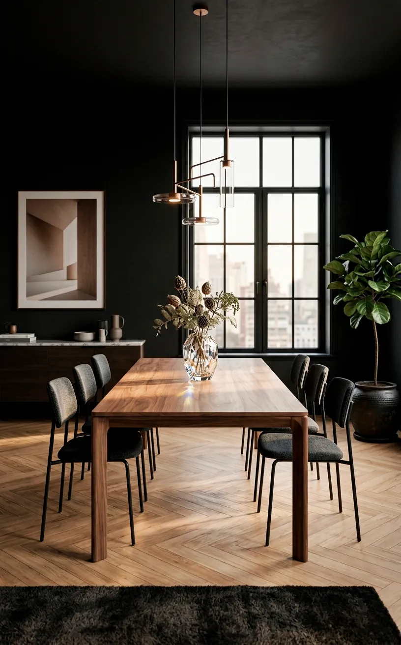 Modern dining room with matte black walls, walnut table, and herringbone wood floors.