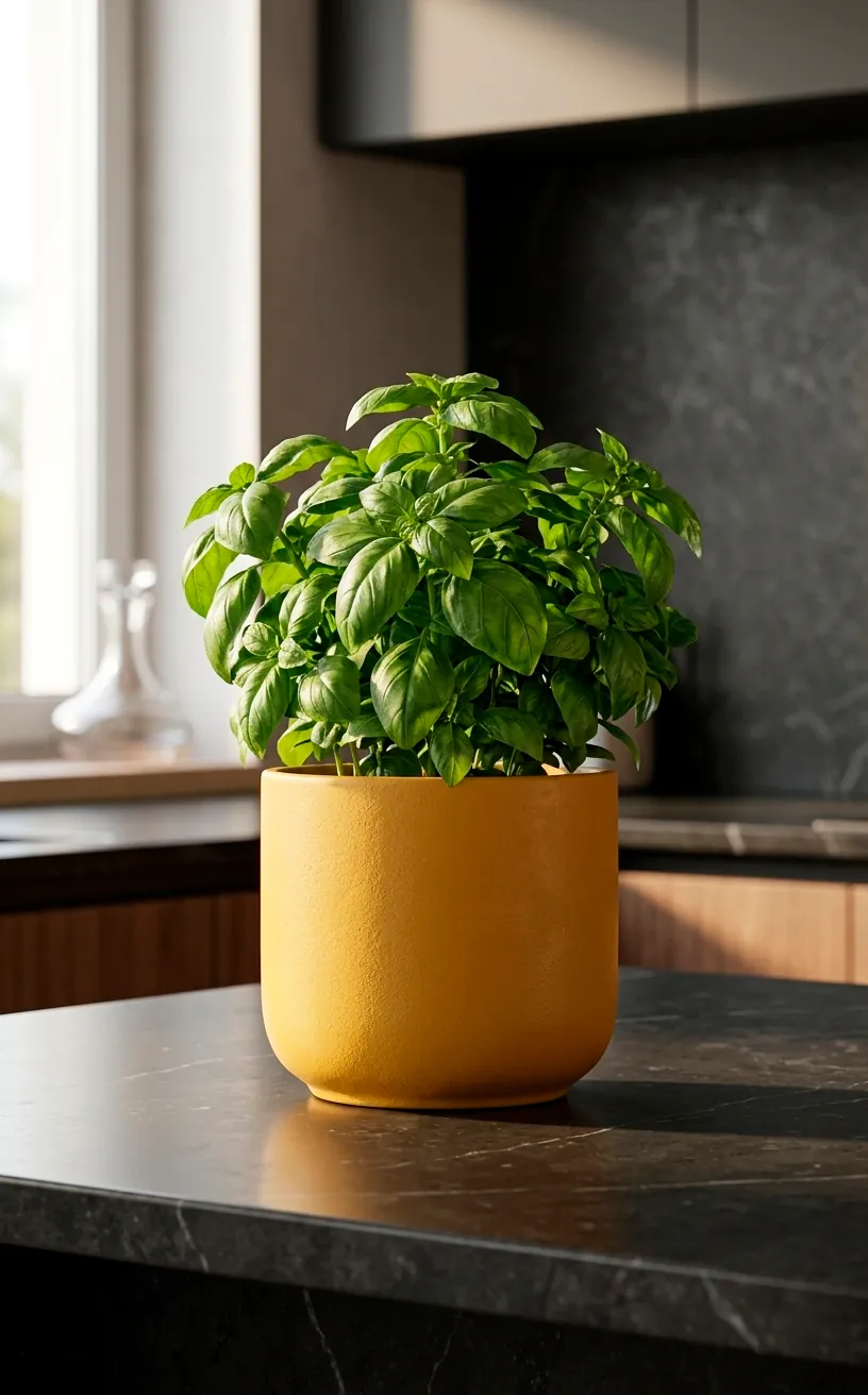 Matte mustard yellow ceramic herb pot with fresh basil on a dark kitchen island.