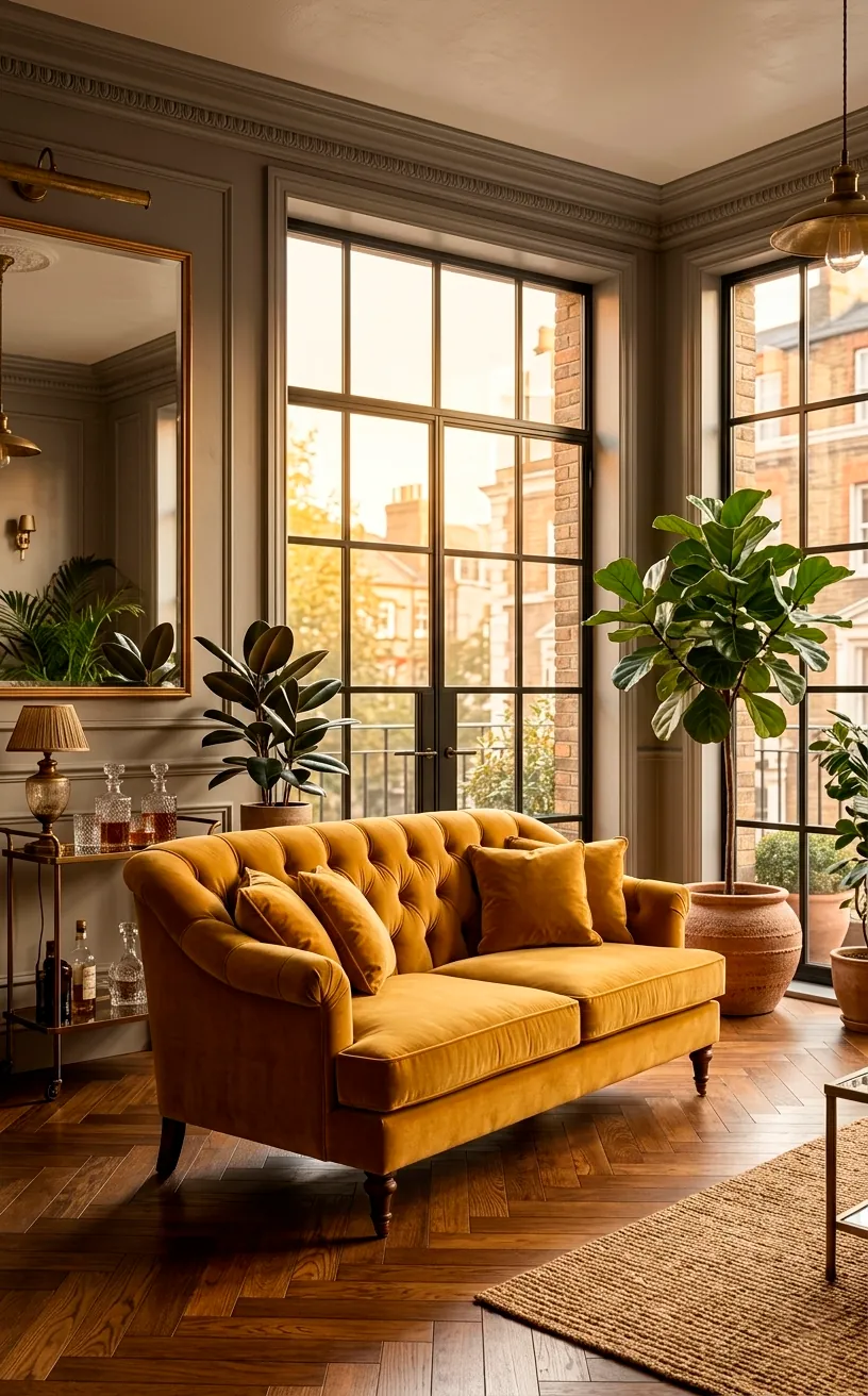 Mustard yellow velvet settee in a bright modern studio apartment with large windows.