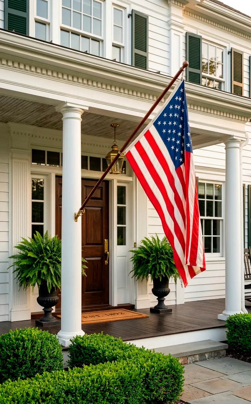 Large American flag mounted on a white pillar of a classic colonial home porch with ferns.