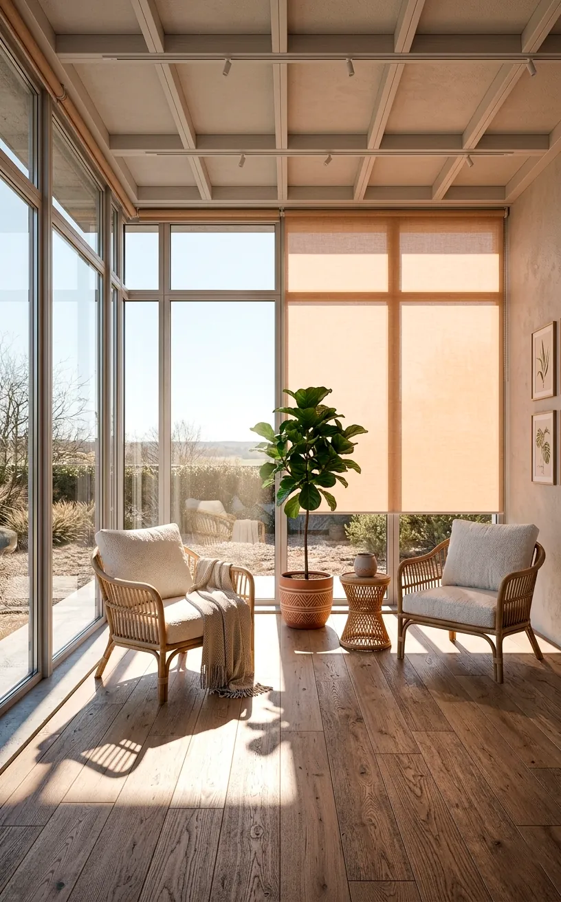 A modern sunroom showing the contrast between harsh sunlight and soft filtered light through blinds.