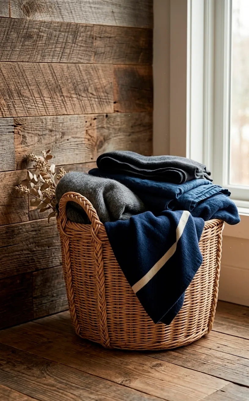 Rattan storage basket with dark blankets in a coastal moody bedroom.