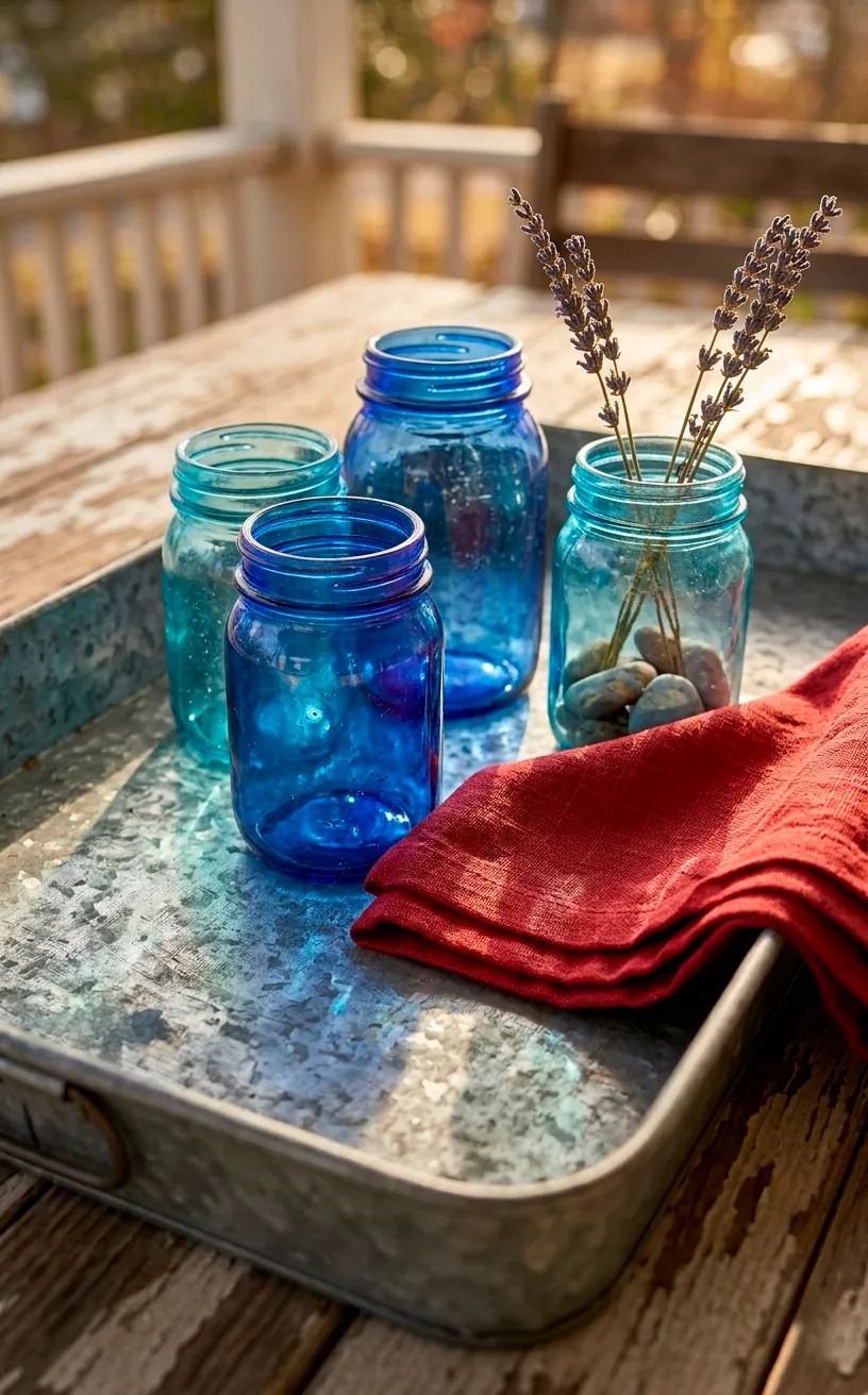 Galvanized metal tray with vintage blue glass jars on an outdoor table.