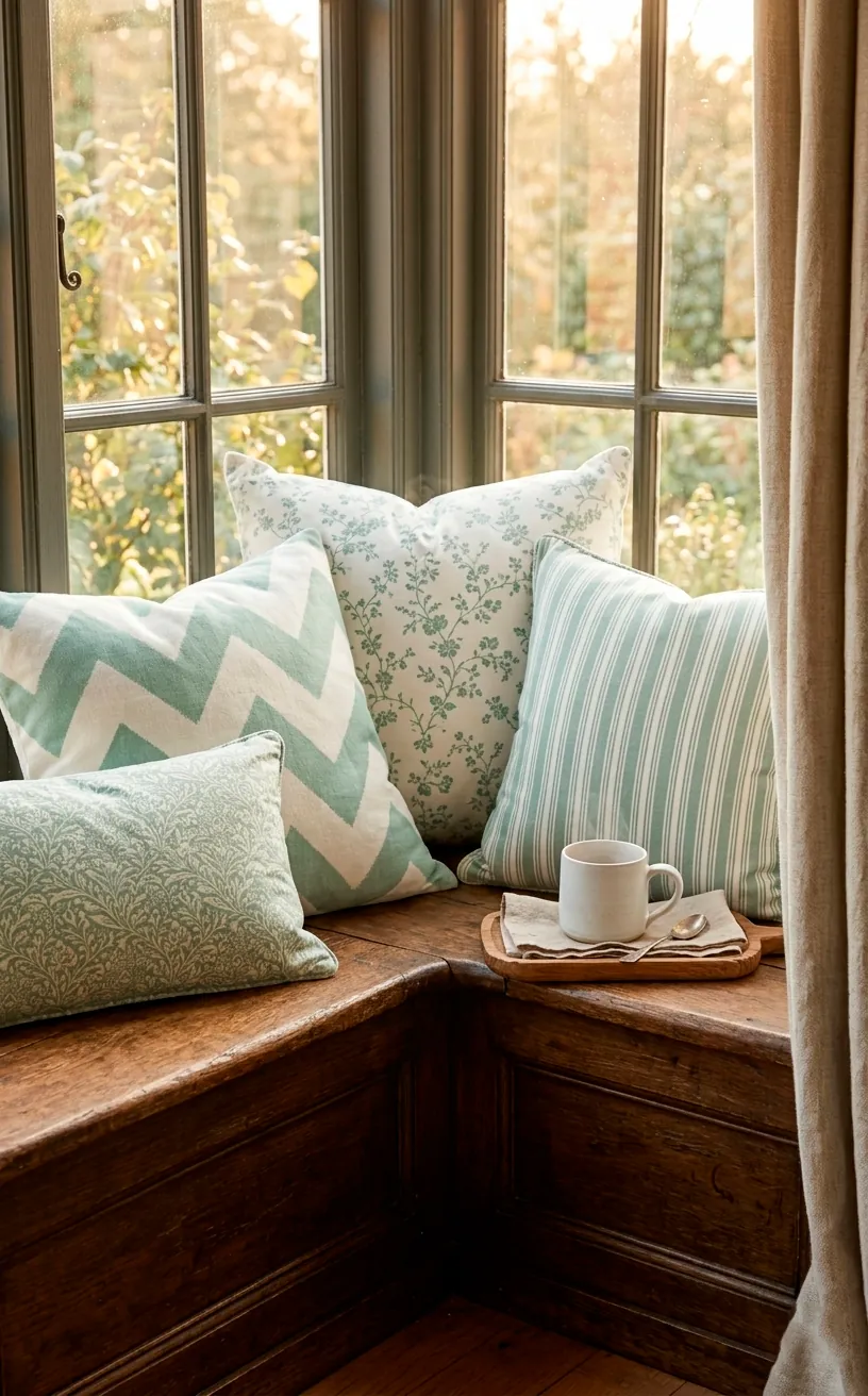 Detail of mint pillows and an oak tray on a sunlit window seat.