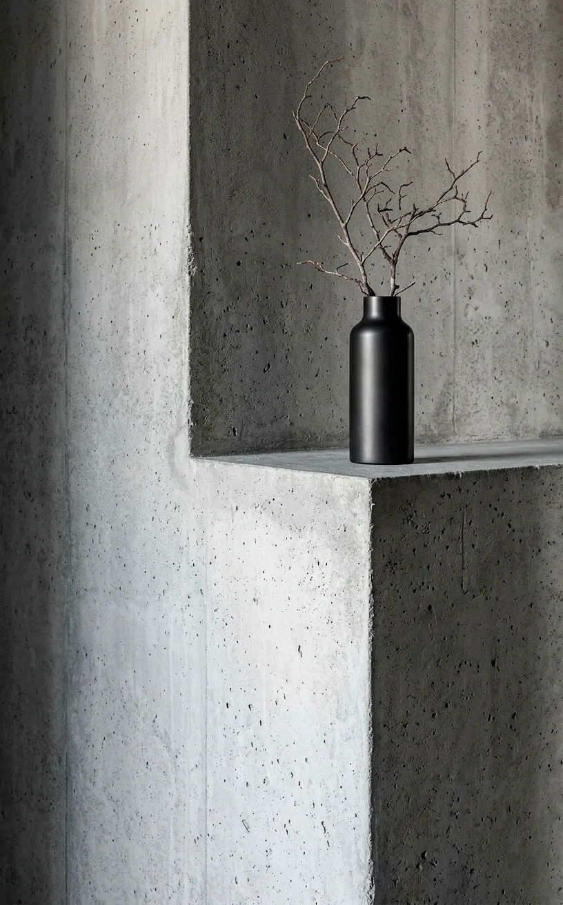 Close-up detail of a grey concrete-effect floating media unit with minimalist decor.