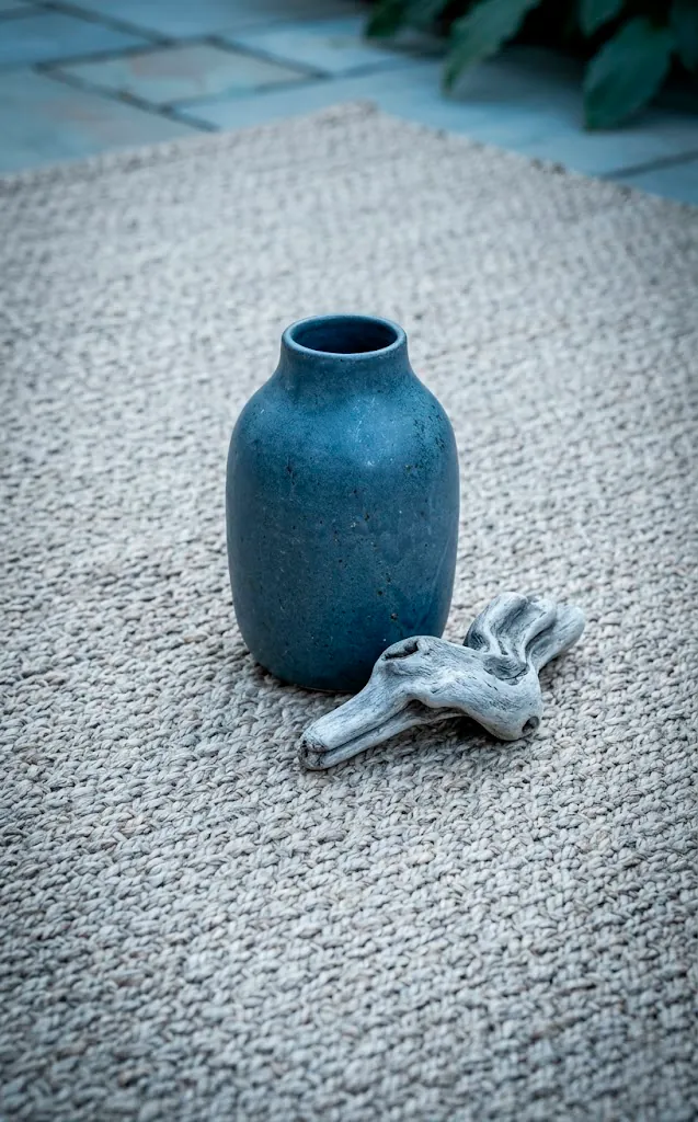 Detail of slate blue decor and greige textiles on a modern balcony.