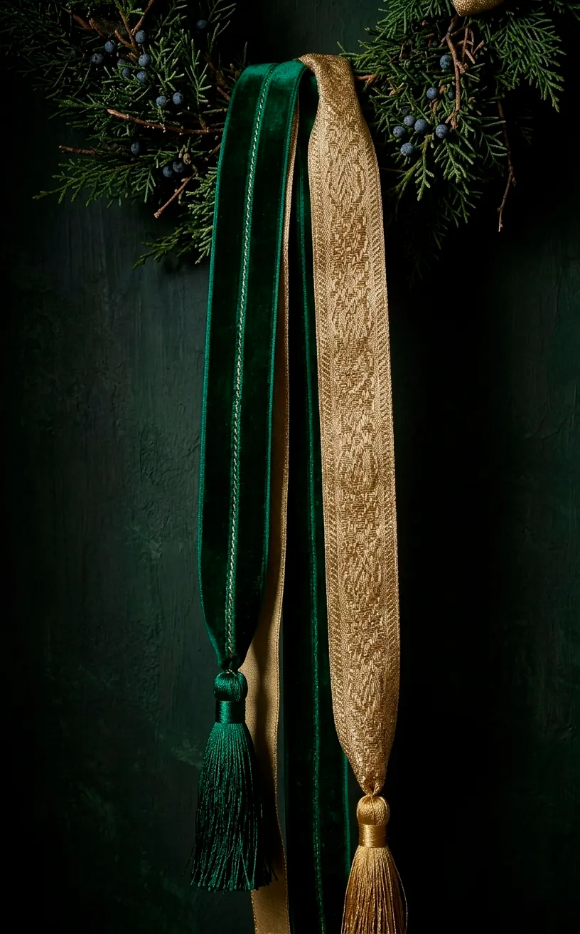 Detailed view of long trailing emerald and gold holiday ribbons.
