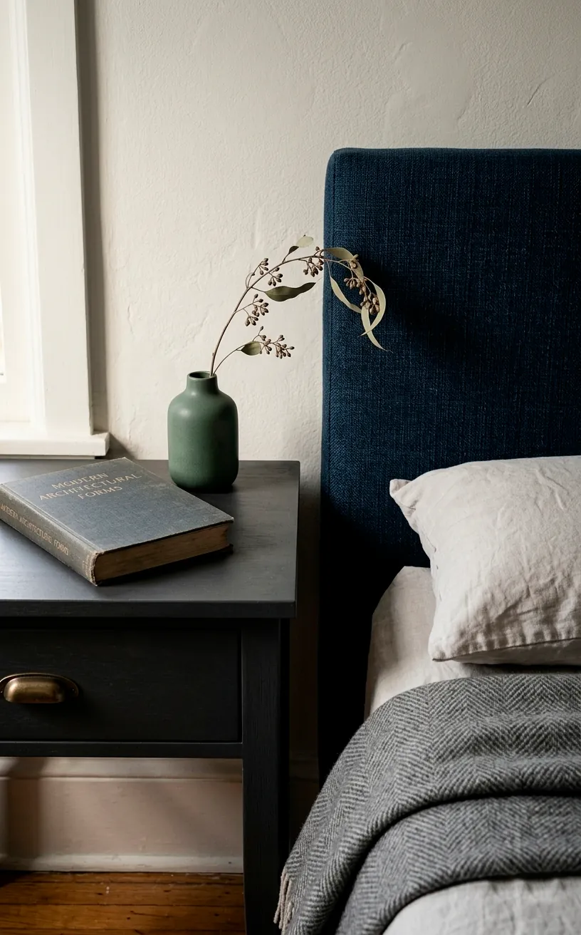Close-up of a charcoal nightstand and navy fabric headboard with minimalist decor items.