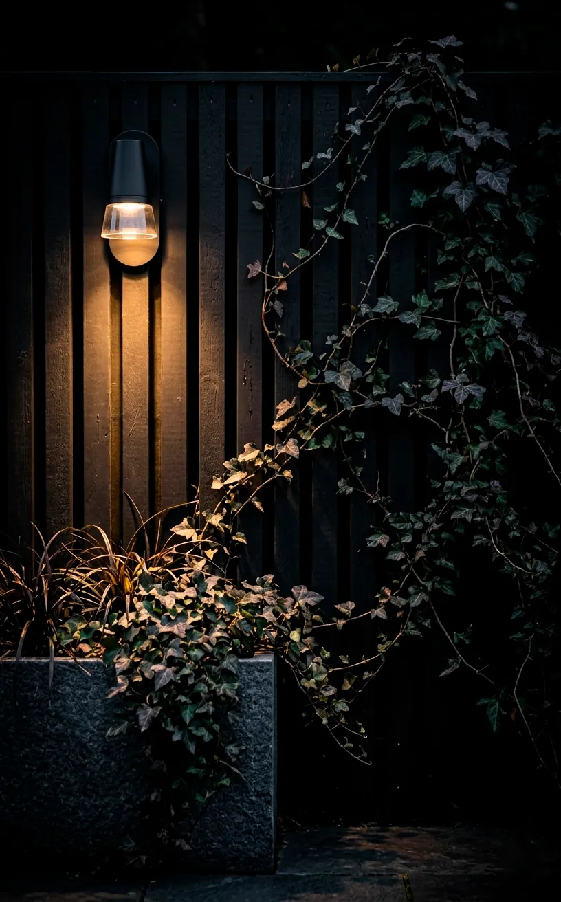 Detail shot of a matte black fence with warm lighting and dark green plants.