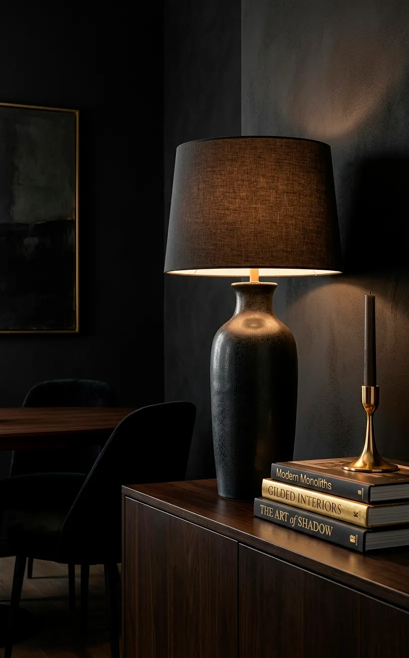 Moody dining room corner with charcoal walls, gold candle holder, and sculptural lamp.