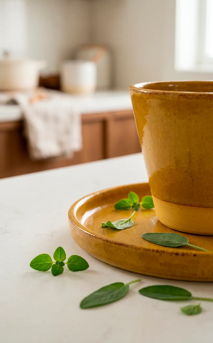 Close-up of a matte mustard yellow pot base and drainage tray on a kitchen counter.