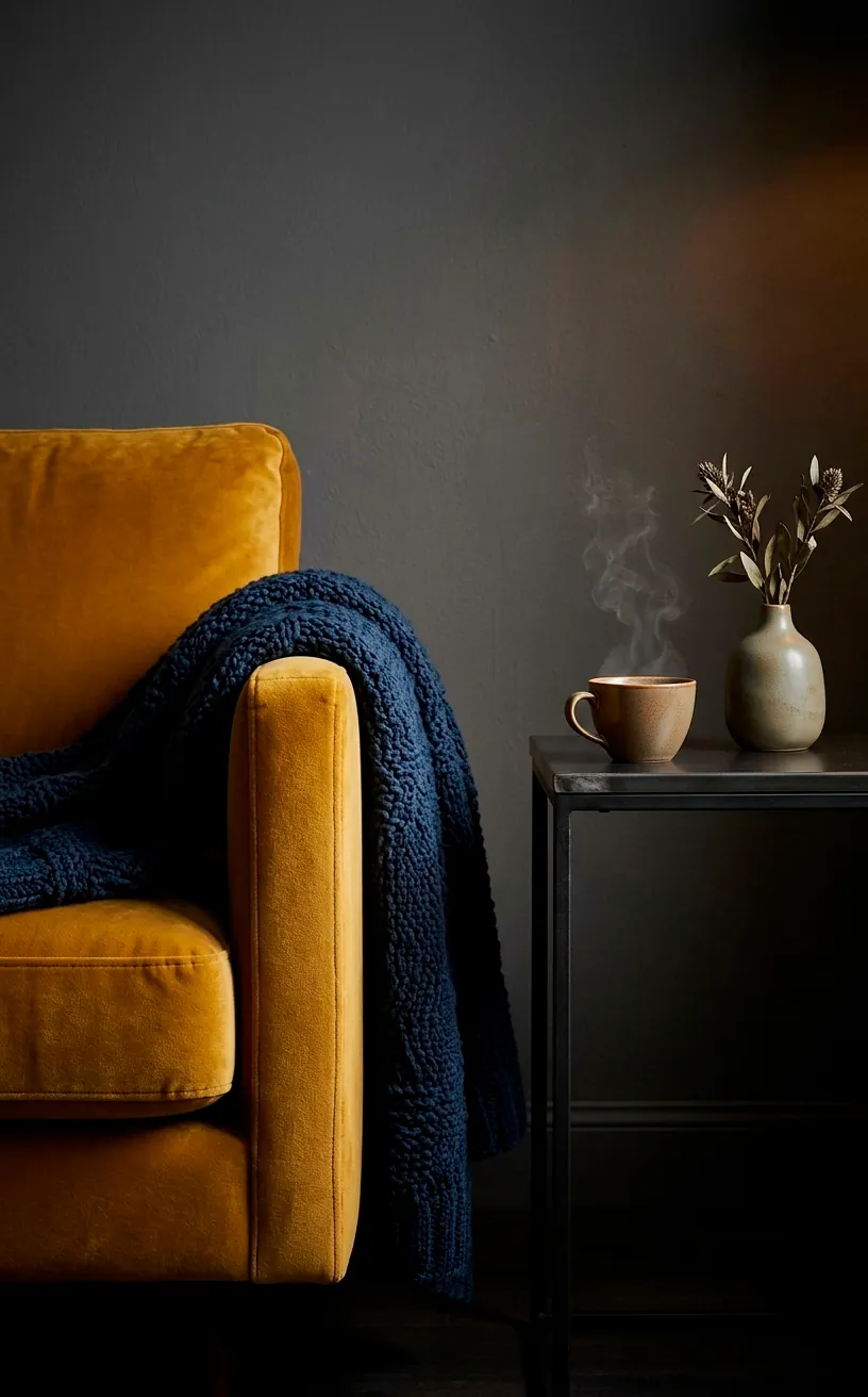 Close up of a mustard yellow velvet sofa arm with a navy throw and coffee on a side table.