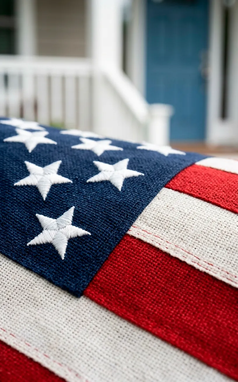 Close-up detail of a premium embroidered American flag with a blurred porch background.