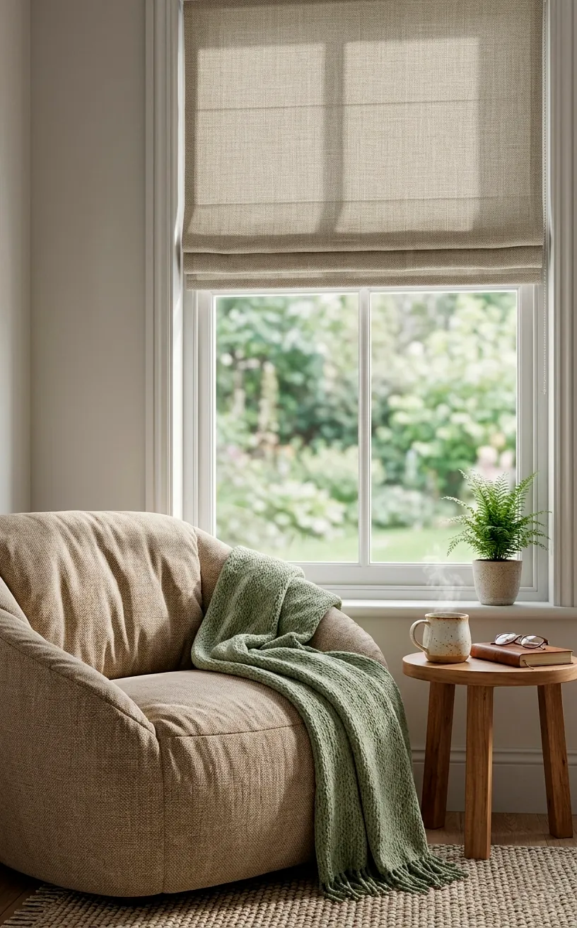 Close-up of a cozy sunroom reading nook with neutral blinds and soft afternoon shadows.