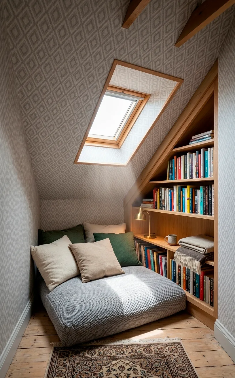 Attic reading nook with a geometric diamond pattern on the sloped ceiling.