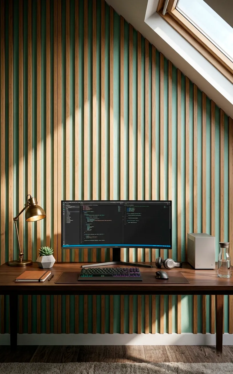 Oak slat feature wall over a mint background in a modern attic office.