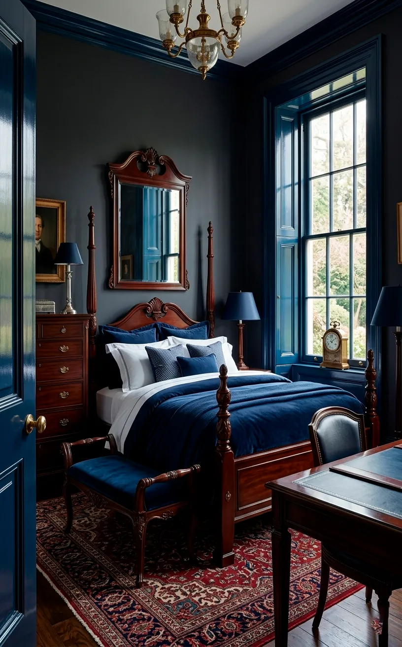 Elegant bedroom with charcoal walls and glossy navy trim for a tailored look.