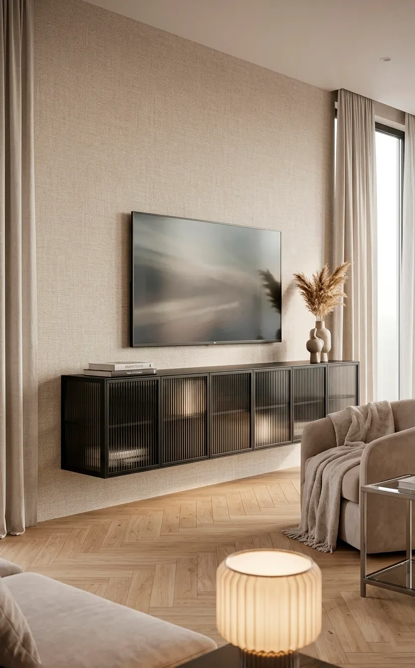 Elegant black metal floating TV stand with fluted glass doors on a textured wall.