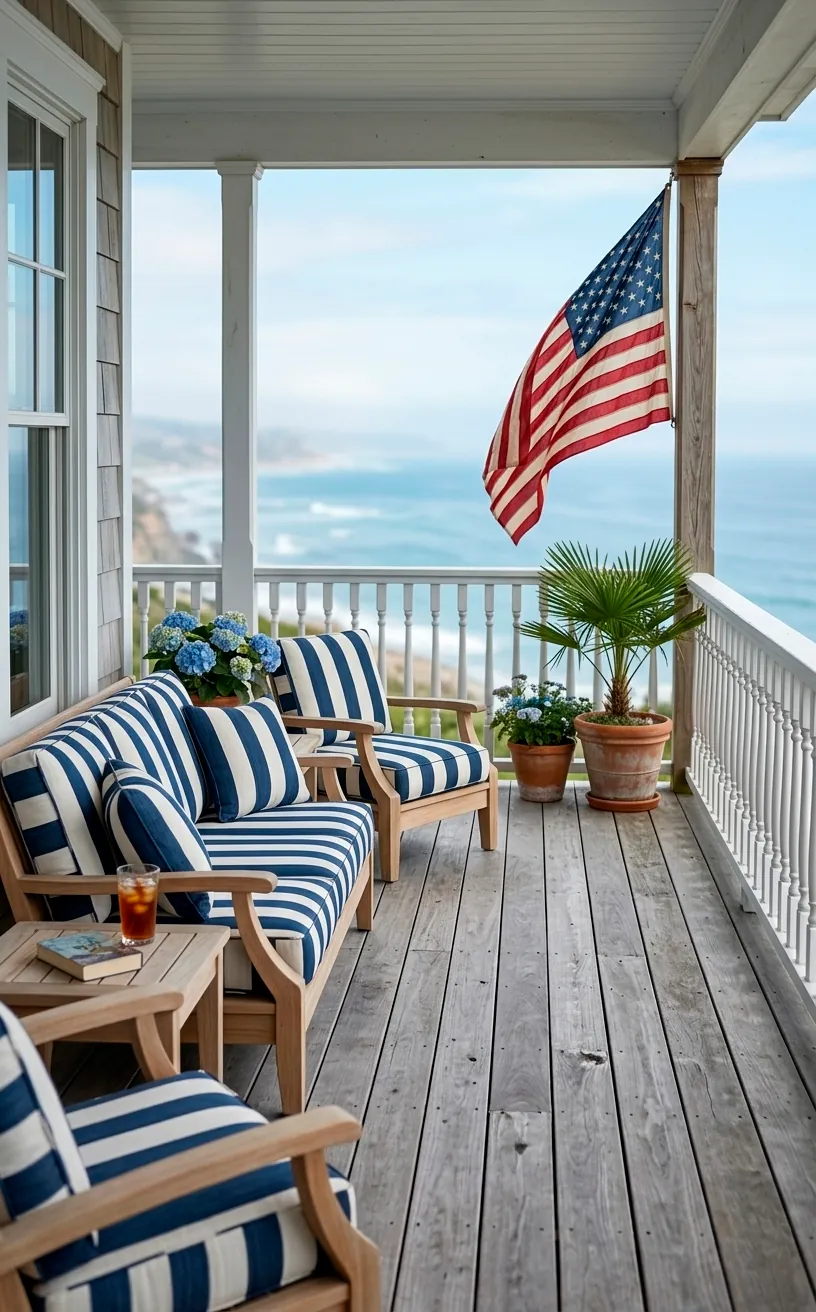 Coastal patriotic porch with weathered wood and navy striped cushions.
