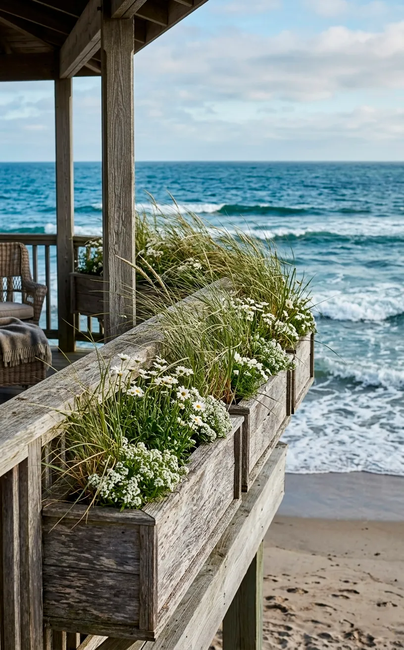 Weathered cedar planter boxes with tall beach grasses on a porch.