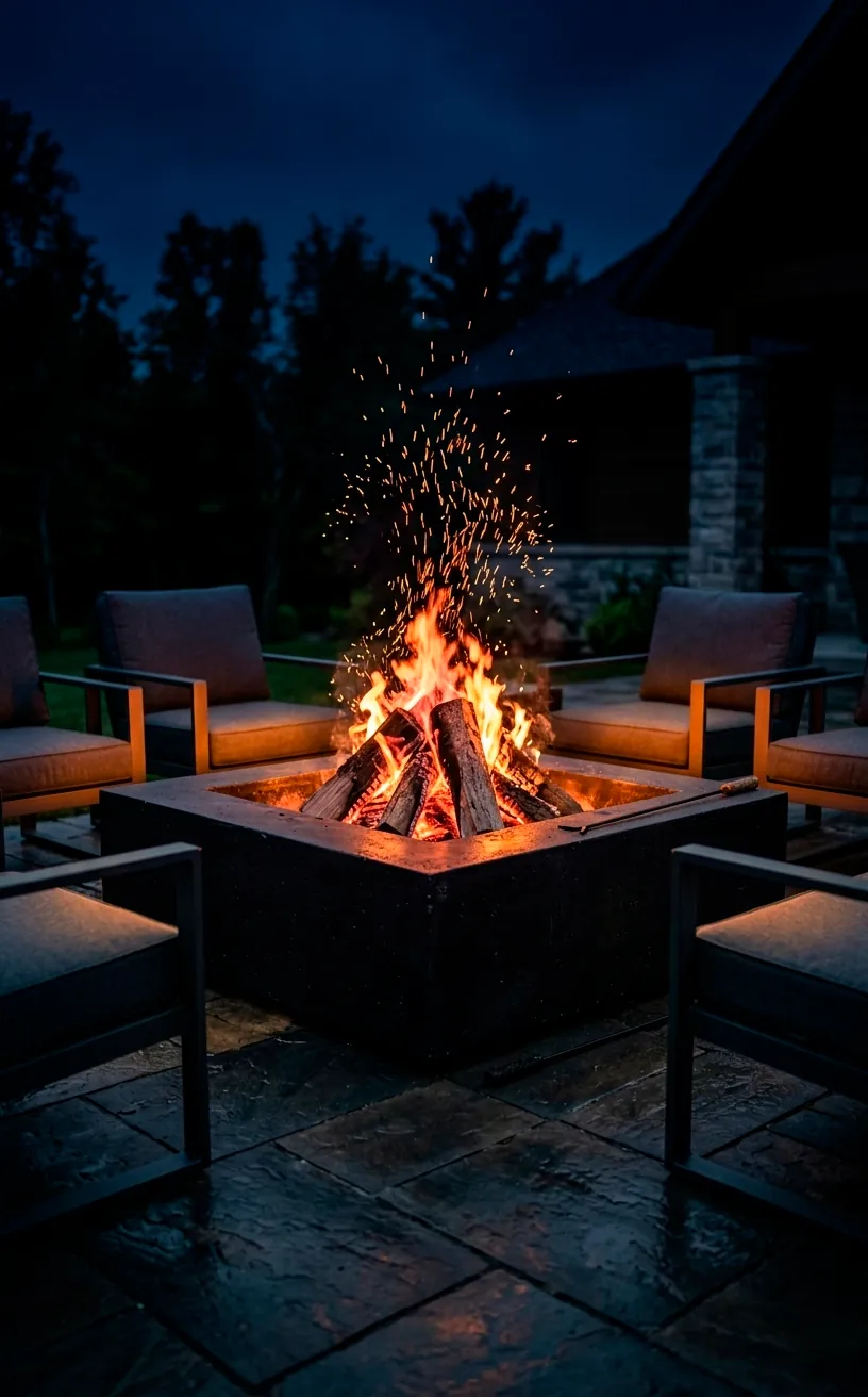 Black concrete fire pit with orange flames on a dark stone patio at night.