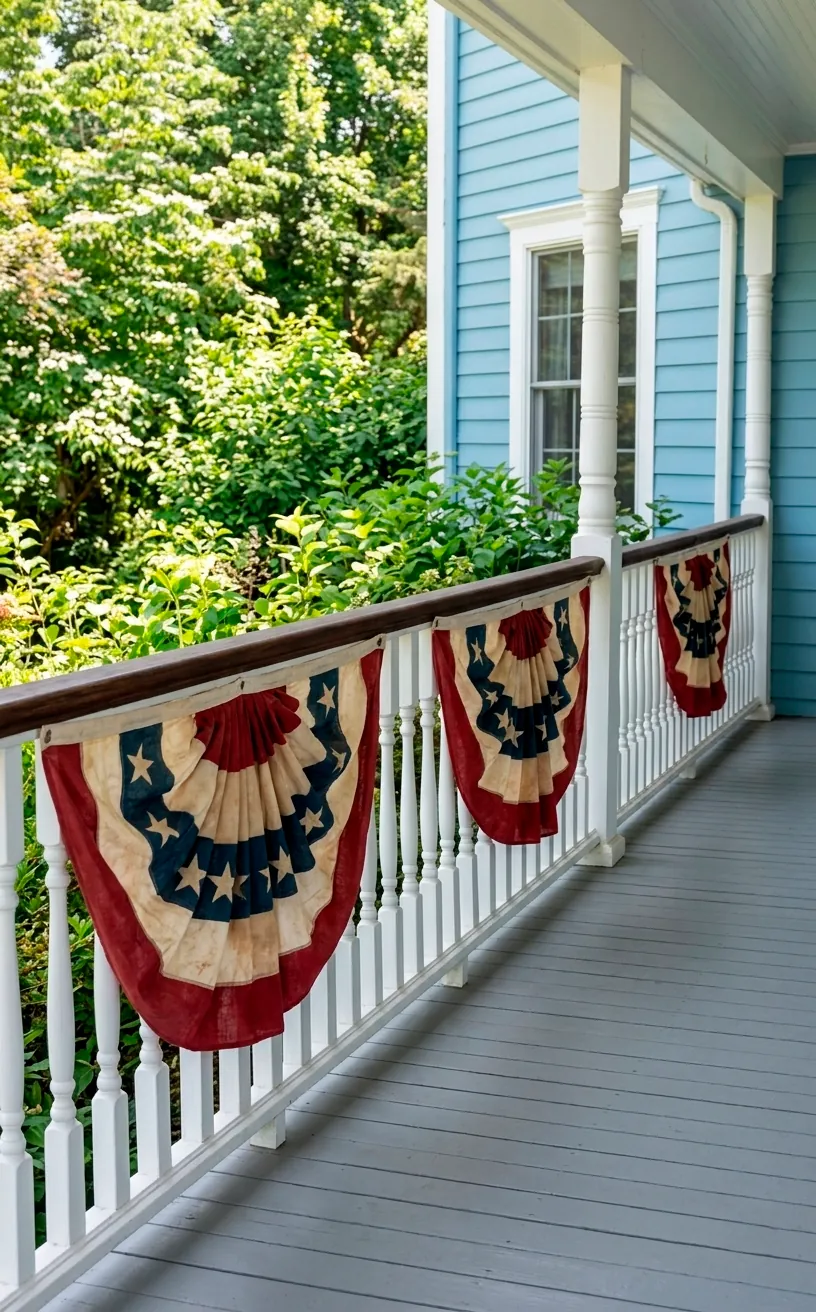 Vintage tea-stained patriotic bunting draped along a classic porch railing.
