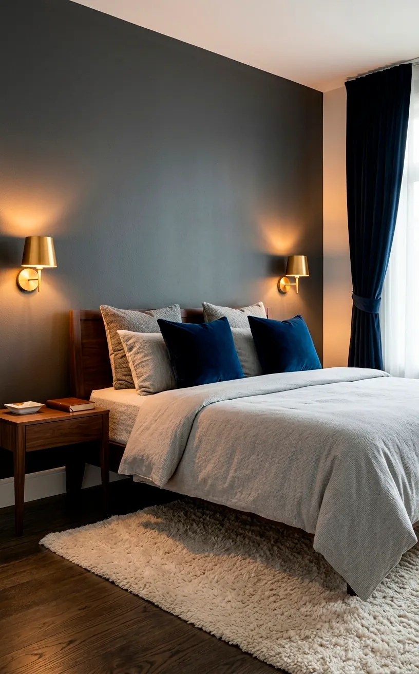 Moody bedroom with charcoal walls and navy velvet accents highlighted by gold metallic sconces.