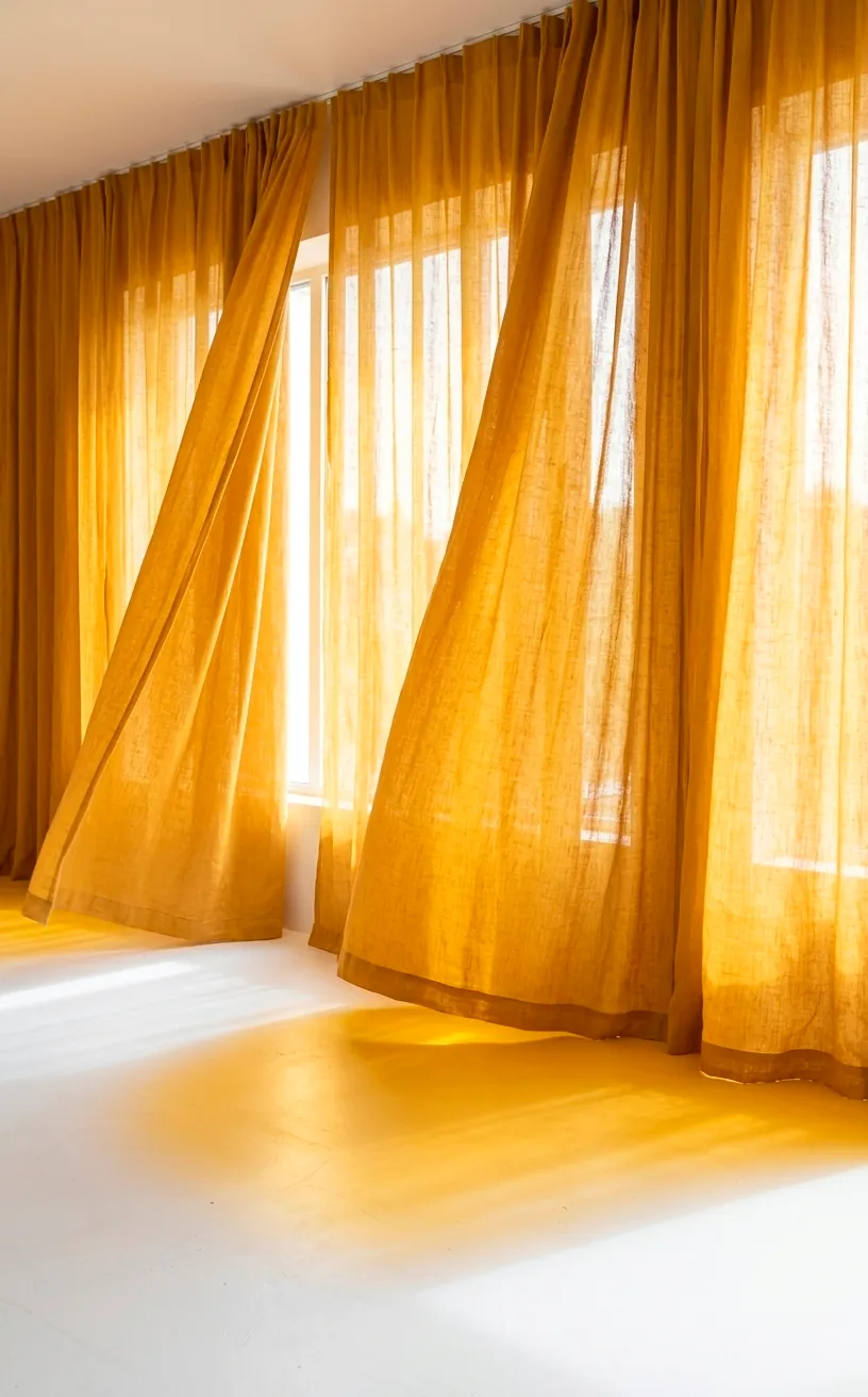 Semi-sheer mustard yellow curtains filtering warm sunlight into a white room.