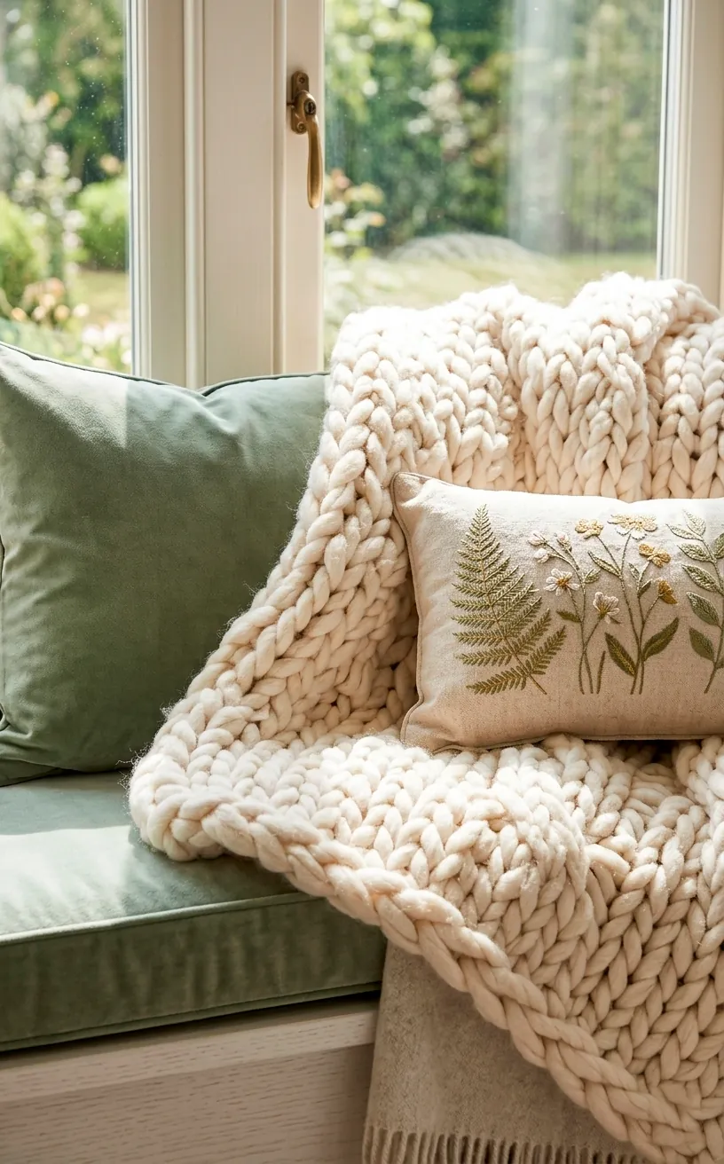 Detailed shot of layered pillows and a chunky knit throw on a library window seat.