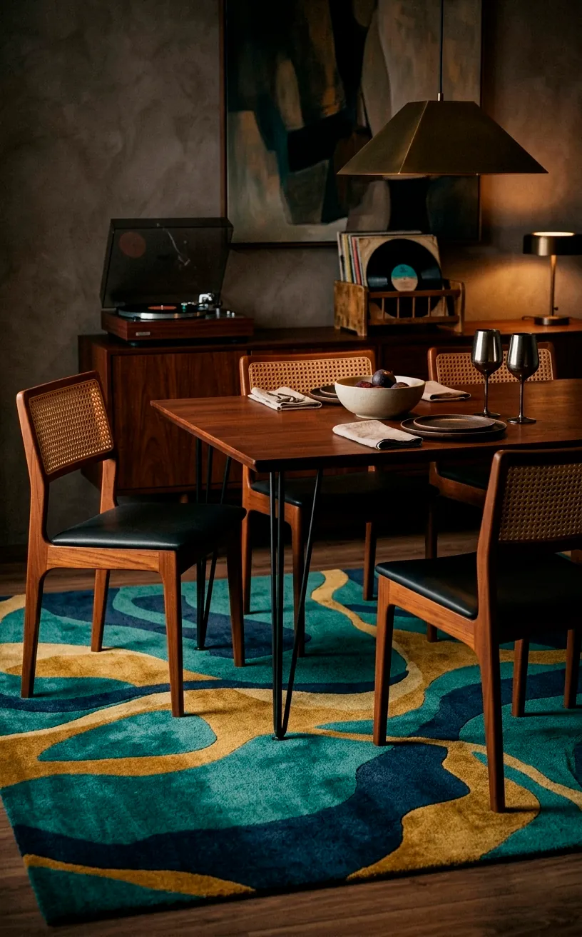 Abstract organic shaped rug in teal and mustard colors within a retro dining space.
