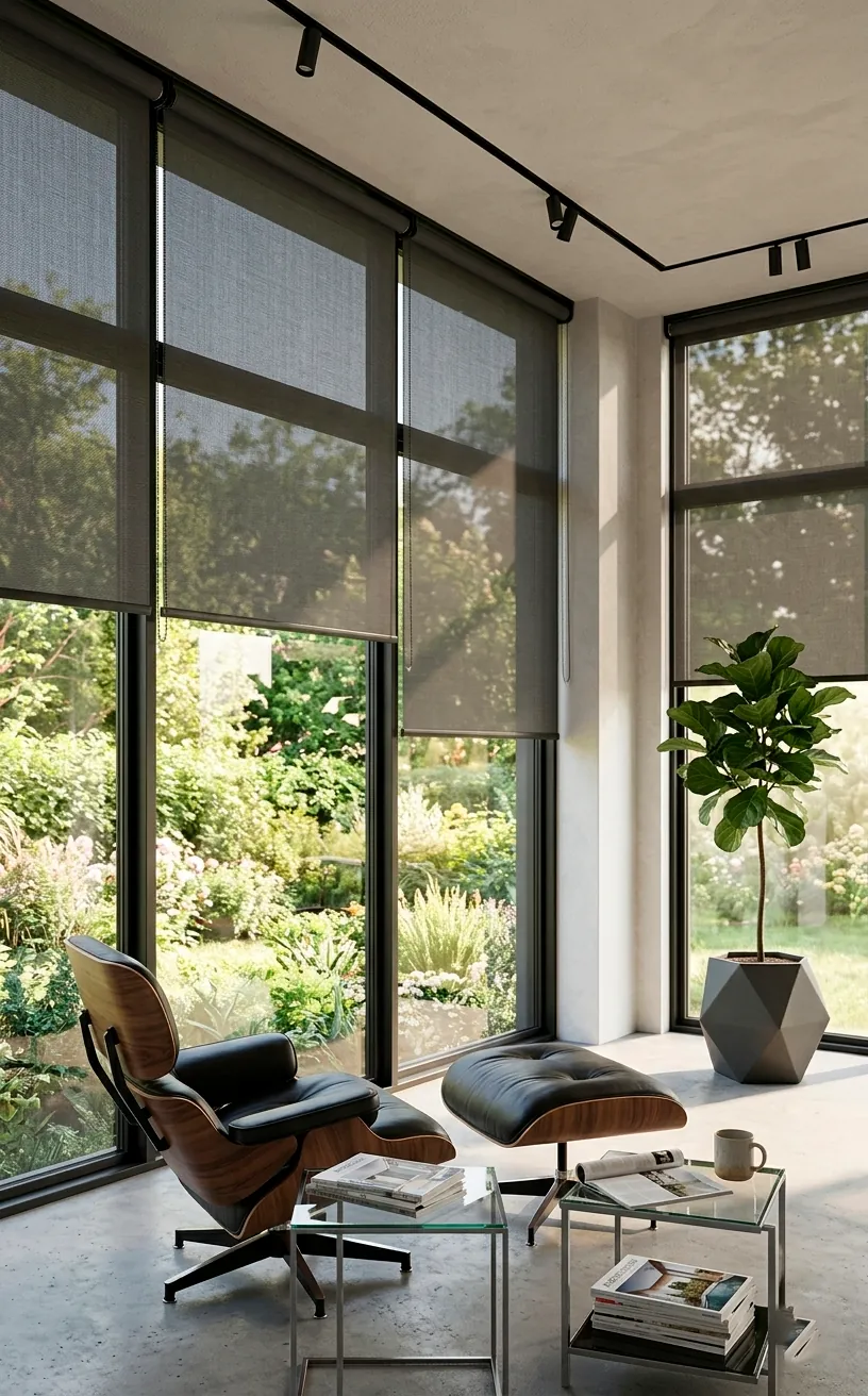 Minimalist sunroom with black-framed windows and charcoal solar roller shades showing a garden view.