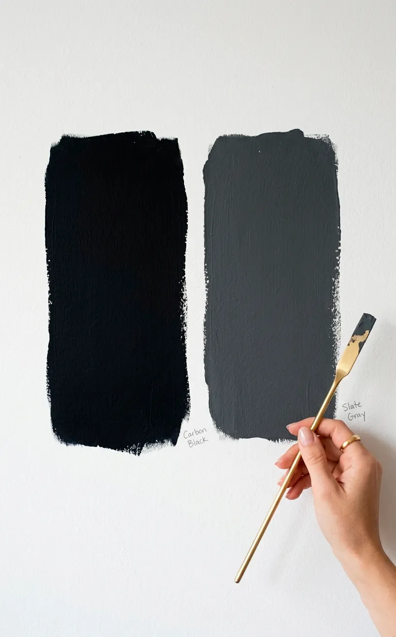 Comparison of matte black and charcoal paint swatches on a dining room wall.