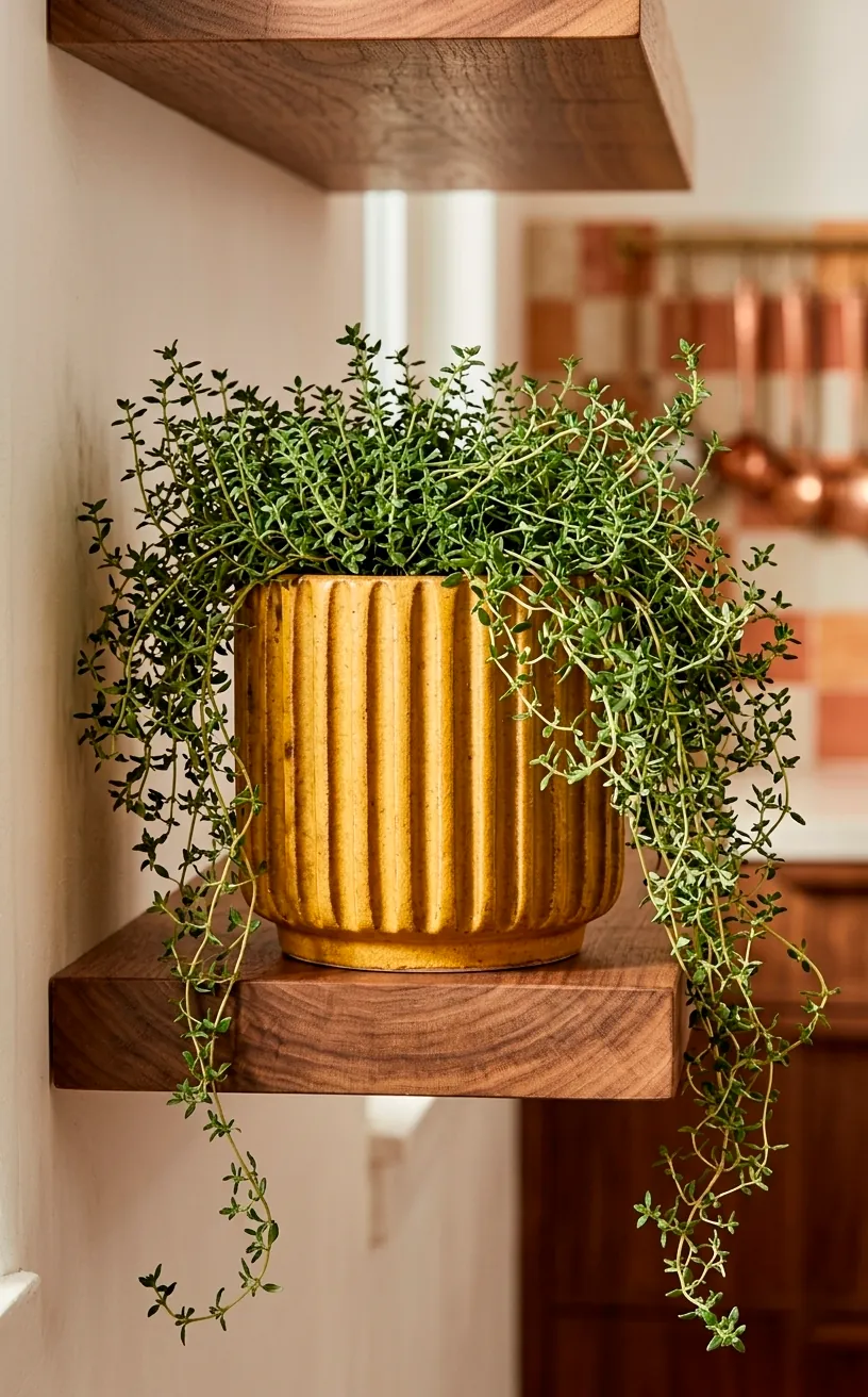 Ribbed mustard yellow herb planter with trailing thyme on a wooden shelf.