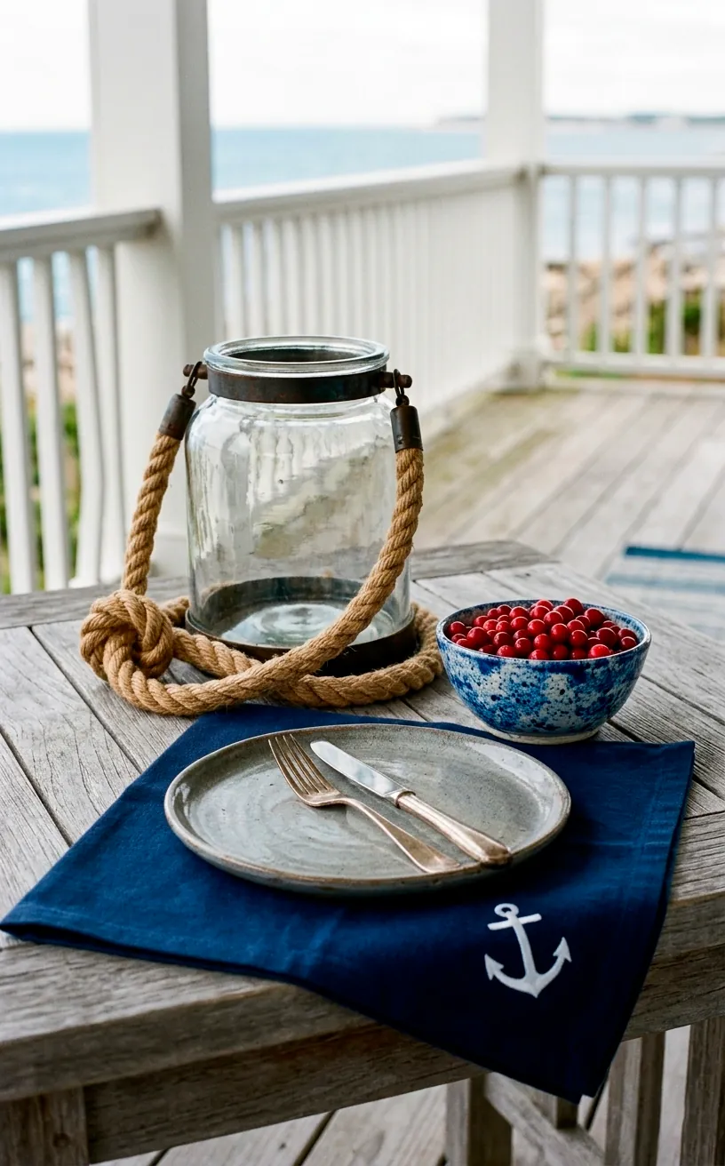 Nautical themed porch decor with navy accents and a rope lantern.