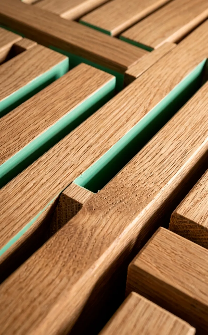 Close-up of vertical oak slats over a soft mint wall background.