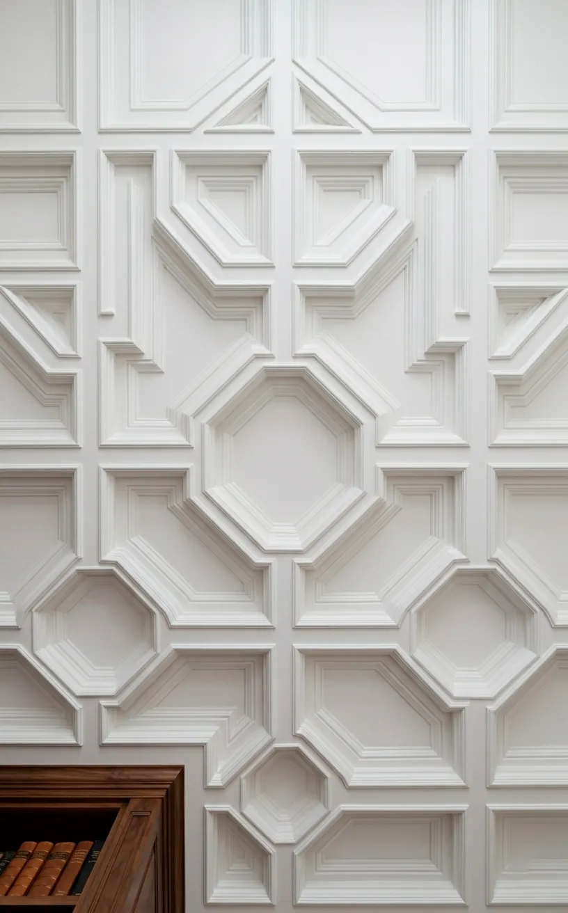 Detail of a ceiling with modern white geometric molding.