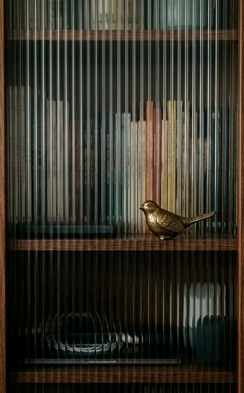 Close-up of fluted glass door texture on a modern floating media cabinet.