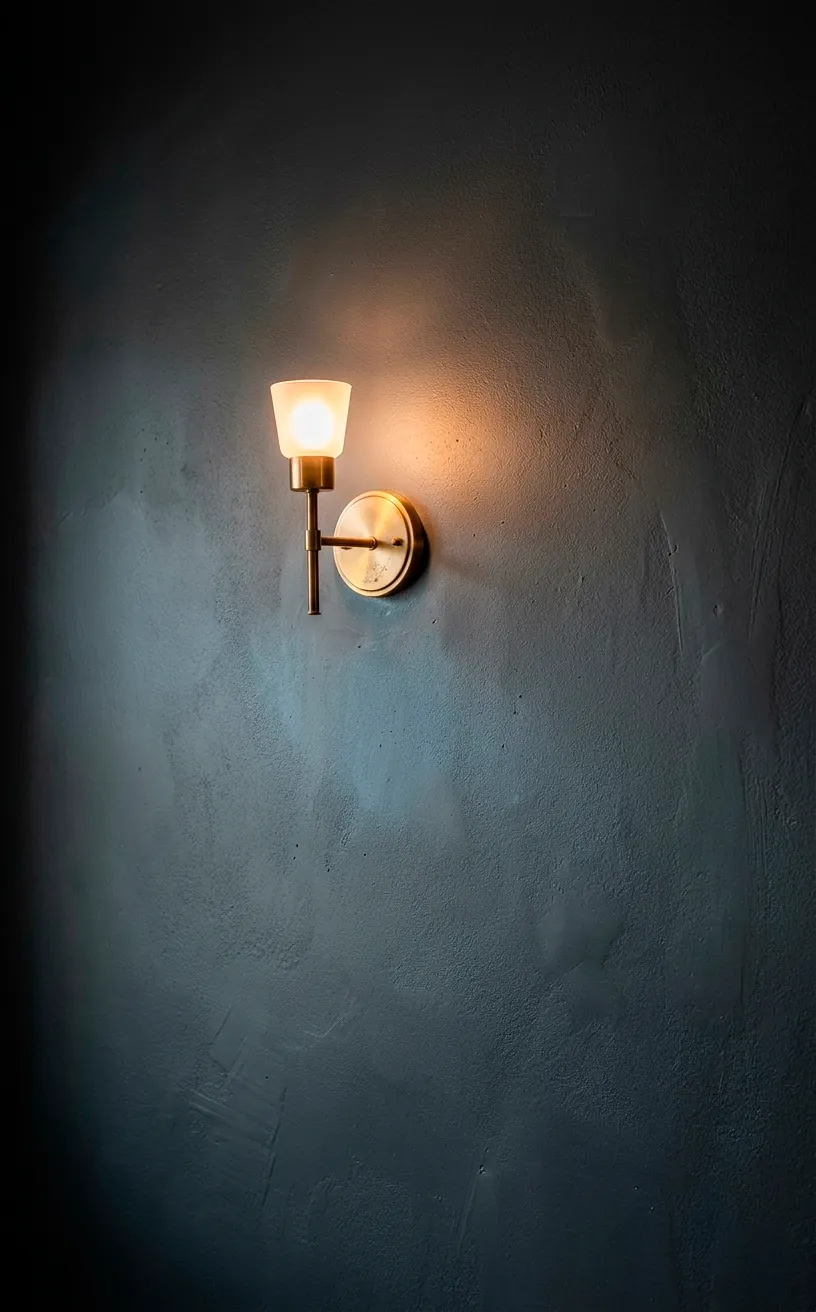 Close-up of charcoal wall texture with a warm brass wall sconce.