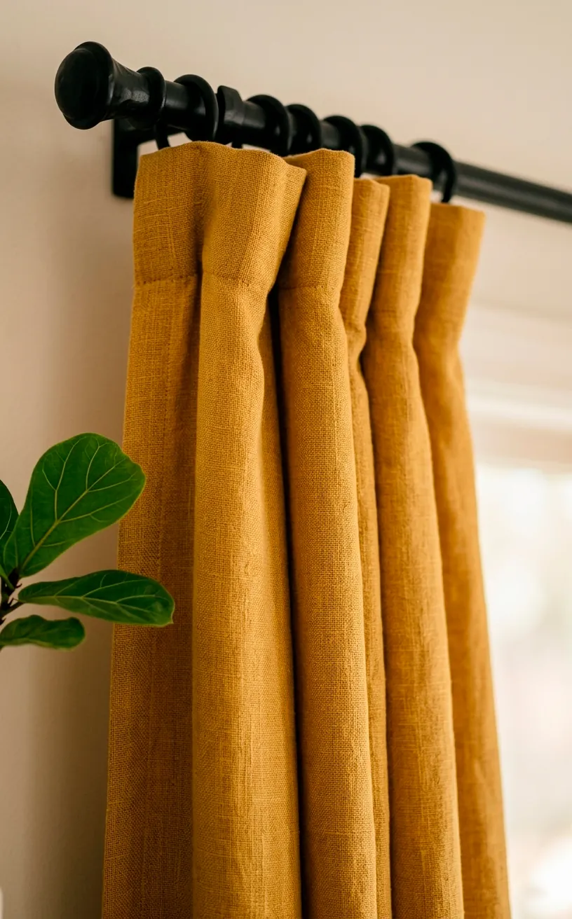 Detailed view of mustard yellow linen curtain fabric and a black curtain rod.