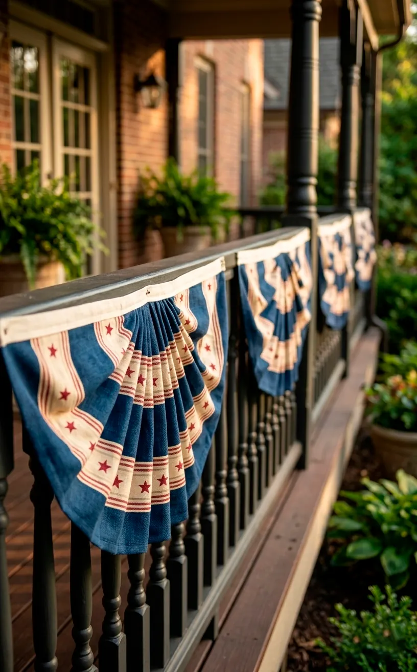 Detailed view of pleated patriotic bunting swags on a house exterior railing.