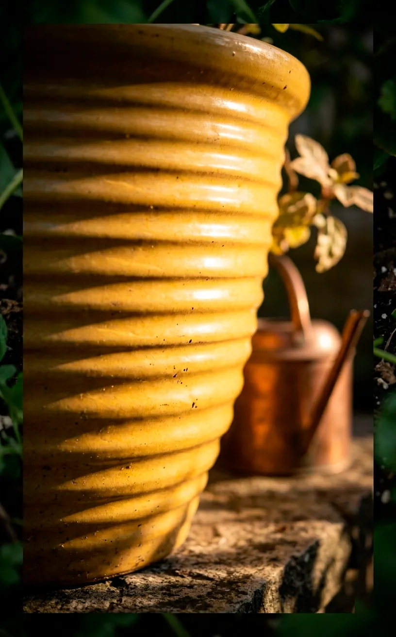 Detailed view of the vertical ridges on a mustard yellow herb pot.